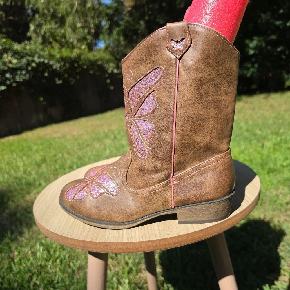 Wonder Nation Girls Butterfly Western Cowgirl Boots Brown Pink Glitter